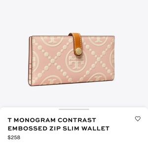 Tory Burch T Monogram Embossed Slim Wallet in Pink Dawn and New Cream - NWT